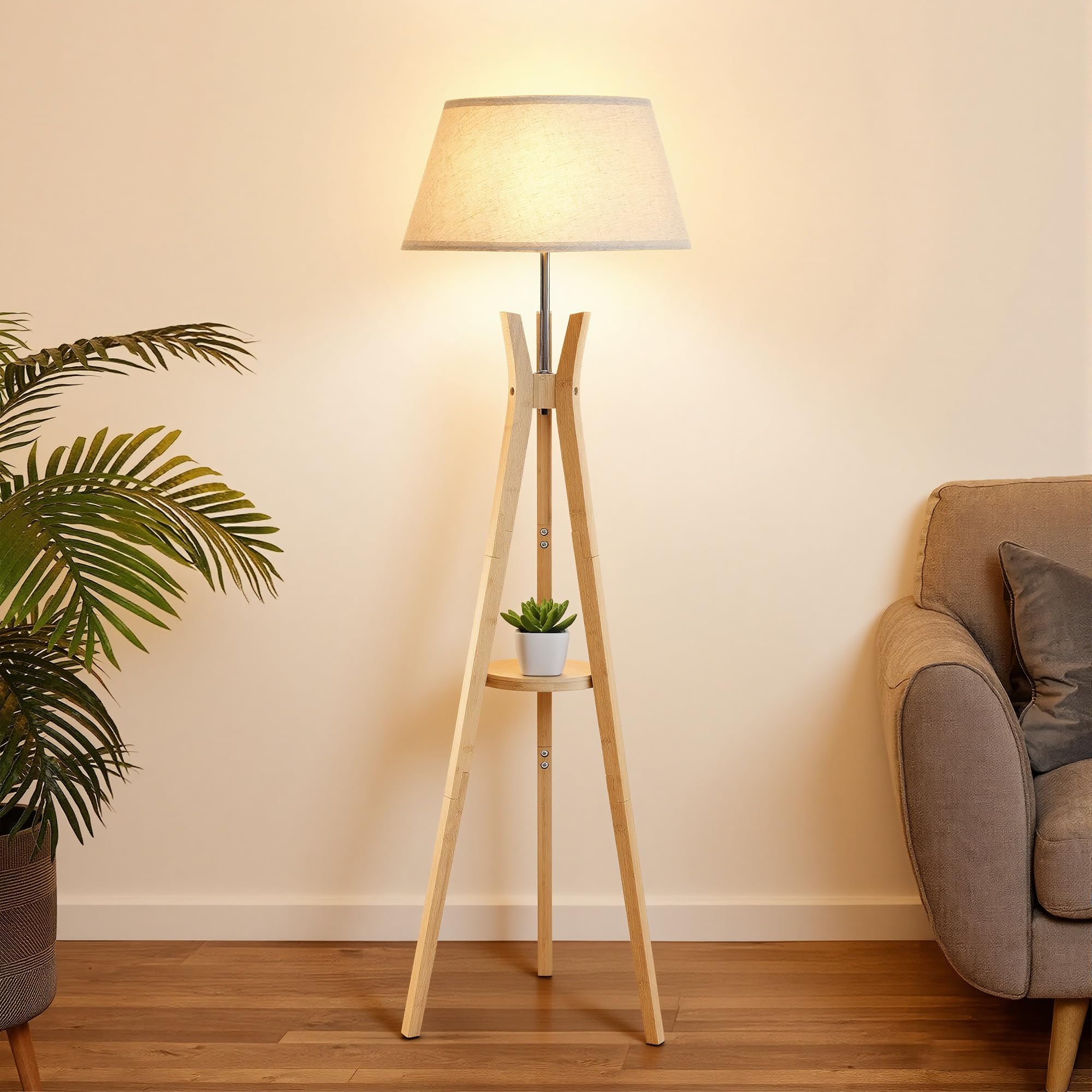 Booniture 59'' Tripod Floor Lamp with Shelf Table, Mid Century